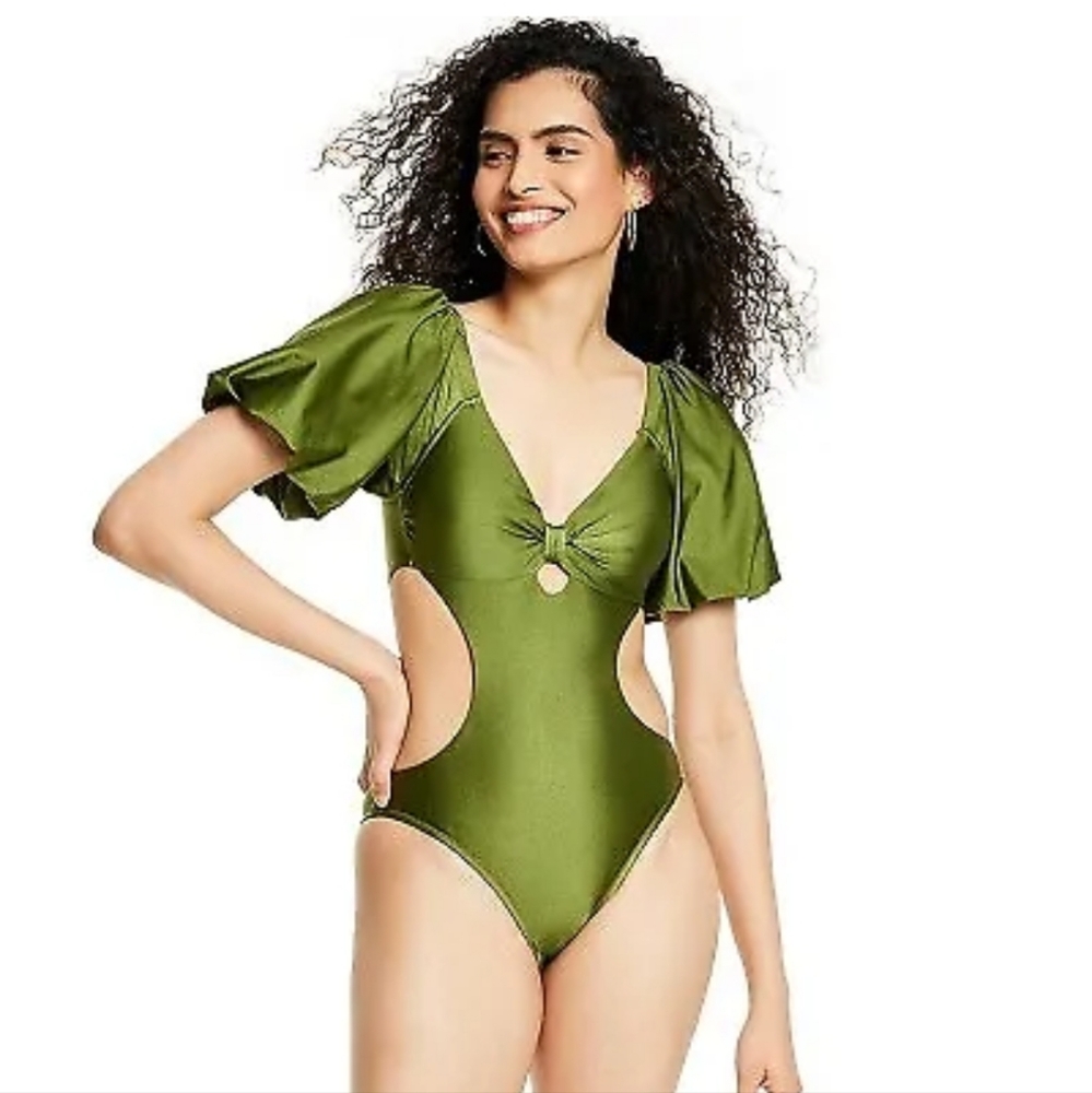 Women's Metallic Puff Sleeve Cut Out One Piece Swimsuit - Fe Noel x Target